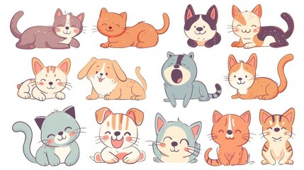 Flat Vector illustration of cute cat. Collection sets