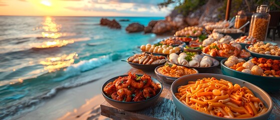 Illustration of delicious looking food beautifully arranged on a beach by the sea. Can be used to attract tourists, promote seaside restaurants, food products, catering services or travel packages