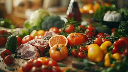 balanced diet, cooking, culinary and food concept  close up of vegetables, fruits and meat on wooden table