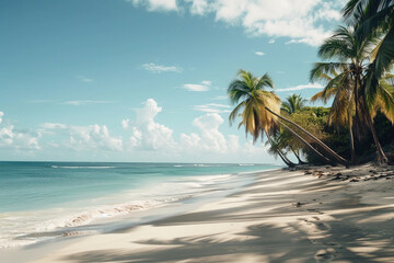 A tranquil beach with palm trees swaying in the gentle breeze
