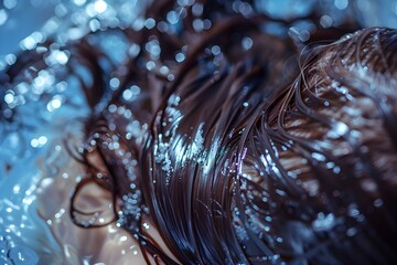Closeup of hair being rinsed under water emphasizing refreshment and cleanliness. Concept Haircare, Closeup, Refreshing, Cleanliness, Water Rinsing