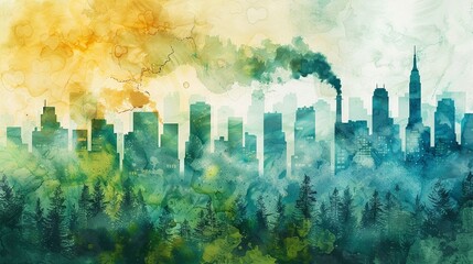 Vibrant watercolor depiction of a bustling city with high carbon emissions, contrasting with a green forest, symbol of ecoawareness