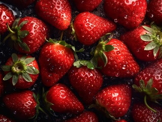 A close up of a bunch of red strawberries. The strawberries are fresh and ripe, and they are arranged in a way that makes them look like they are ready to be eaten. Concept of abundance and freshness