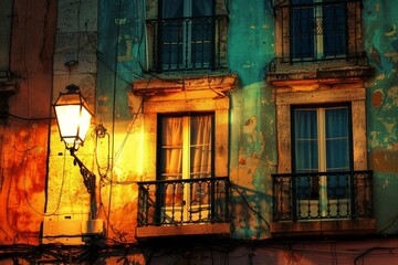 Close-up of traditional apartment building with blue tiles facade. Beautiful simple AI generated image in 4K, unique.