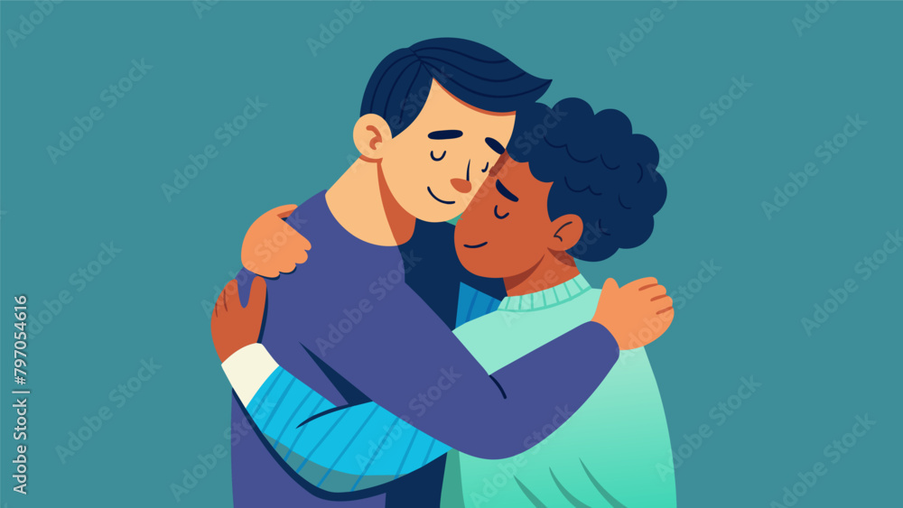 Poster a man receiving a hug from a friend as they discuss a personal struggle..