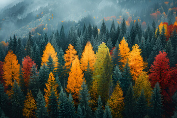 Top View Overhead Colorful Mixed Autumn Forest,
A Textured Soccer Field Enveloped In Neon Fog Centered Around The Midfield
