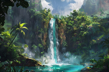 A towering waterfall plunging into a crystal-clear pool surrounded by lush vegetation.