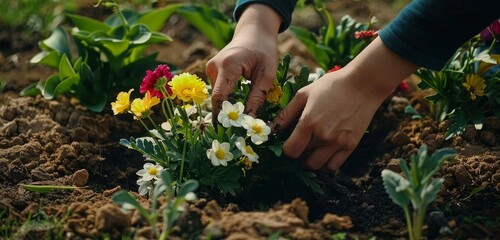 Fototapeta premium A gardener works with white flowers at sunset.