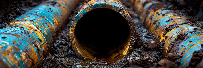 Underground Water Pipeline Installation in a Tre,
Construction pipe and sewerage line replacement of downpipes in the city - obrazy, fototapety, plakaty