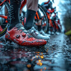 Close-up of Gear and Equipment: Focus on the details of the cyclists' professional racing gear, including helmets, jerseys, cycling shoes, and bikes. Generative AI