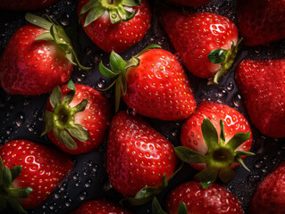 A close up of a bunch of red strawberries. The strawberries are fresh and ripe, and they are arranged in a way that makes them look like they are ready to be eaten. Concept of abundance and freshness