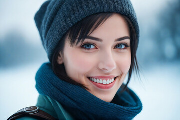 Portrait of smiling woman wearing knitted warm hat on blurred winter background. AI generative...