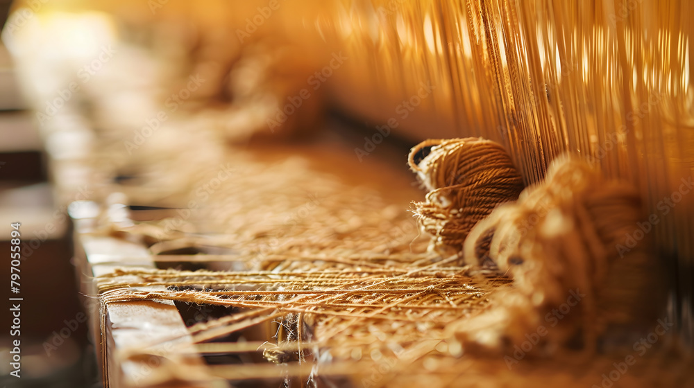 Poster a closeup shot shows threads being woven together on a loom to create fabric on one side and unspun 