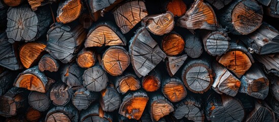 A pile of wood that has been neatly cut in half, revealing the intricate patterns of its grains and texture. - obrazy, fototapety, plakaty