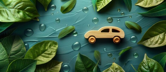 Wooden Toy Car Surrounded by Green Leaves