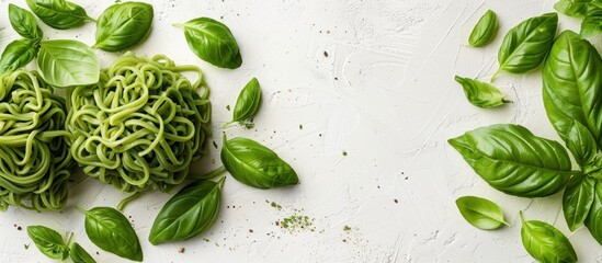 White Table bunch of green noodles - obrazy, fototapety, plakaty