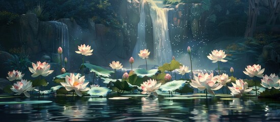 Water Lilies and Waterfall Painting