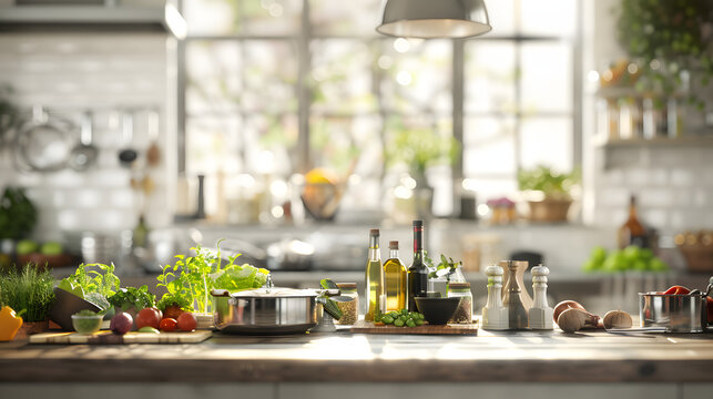 A collection of recipes on the kitchen counter. representing culinary skills and gastronomy. The backdrop is blurred