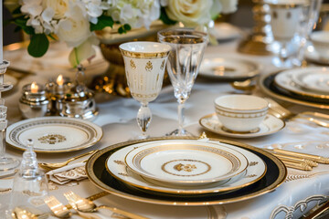 A table set with elegant dinnerware for a formal birthday dinner.
