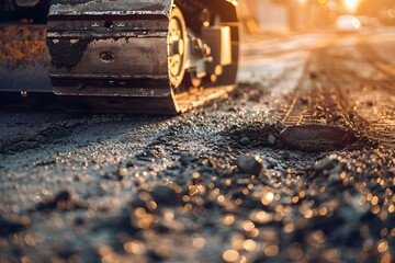 Bulldozer repairing asphalt road at an industrial construction site. Concept Industrial Construction, Road Repair, Bulldozer Operation, Asphalt Maintenance, Machinery in Action