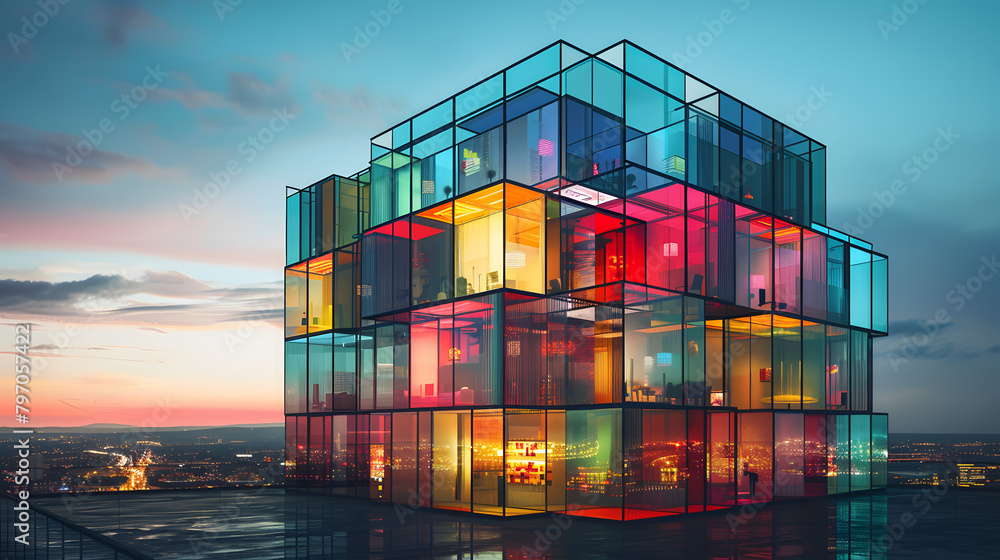 Poster a colorful glass building with multilevel cube spaces for luxury living. each window glowing from wi