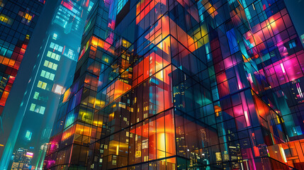 A colorful glass building with multilevel cube spaces for luxury living. each window glowing from within - obrazy, fototapety, plakaty