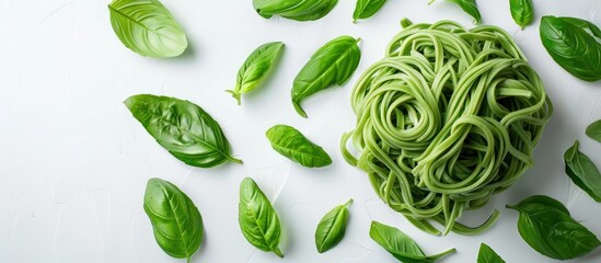 Pile of Green Pasta With Basil Leaves
