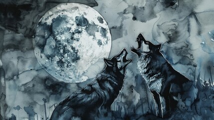 Alcohol ink illustration of a pair of wolves howling at the moon, using monochrome shades of black and gray with a splash of midnight blue for dramatic effect