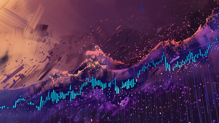 A commodity price chart with blue indicators falling. hinting at a tsunami in the commodities market. The background is violet and brown - obrazy, fototapety, plakaty