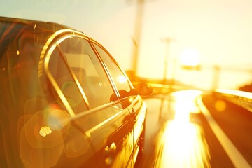 3D sedan driving towards the sun in a 3D render advertisement. Concept 3D Render, Sedan, Sun, Advertisement
