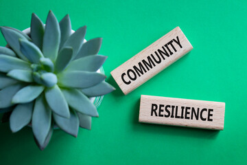 Community Resilience symbol. Wooden blocks with words Community Resilience. Beautiful green...