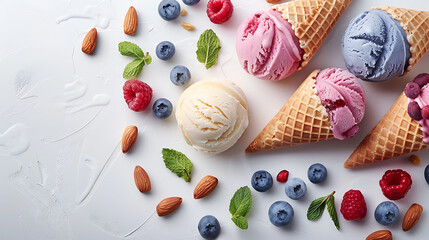 Colorful ice cream with cones and various fruits raspberry , blueberry , strawberry , almonds and...
