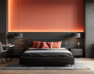 Stylish and sophisticated bedroom setup with a low-profile bed in brown tones, subtle lighting, and a clean, modern aesthetic with gray and black elements, with an orange accent, mock up for painting.