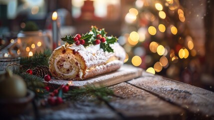 Yule log cake decorated with powdered sugar and berries on wood. Yule log cake by a Christmas tree with soft twilight.