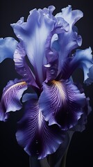 Obraz premium Detailed shot of a wet blue iris, highlighting the texture and color contrast on a dark backdrop. Advertising of perfumes. Cosmetics. Florist shops.