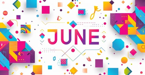 illustration of the text "JUNE" with a white background and bright colorful squares and simple shapes The white background features colorful, vibrant elements Generative AI
