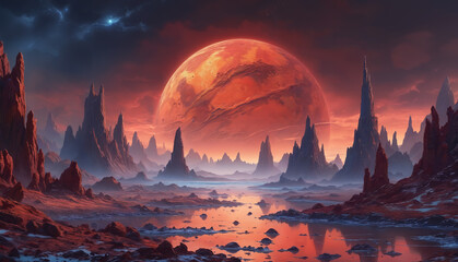 A rocky landscape with a red moon in the sky. The landscape is also described as being set in the dead middle of space, adding to the otherworldly and surreal nature of the scene.