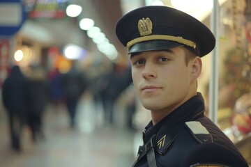 Obraz premium Security guard professional safety patrol man police employee mall safe business protect serve confident authority public space secure guarding agent staff shop convenience store grocery