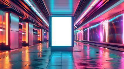 An advertising panel in a futuristic style in neon light. Mockup or copy space. A billboard