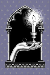 Woman's palm hand holding a candlestick with burning candle in a classic gothic architectural decorative frame.  Drawing in vintage black and white engraving style. Vector illustration