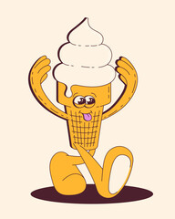 Cartoon cute Ice Cream cone. Vanila fozen dessert in retro groovy style. Ice cream mascot character walking with playful face expression vector illustration.