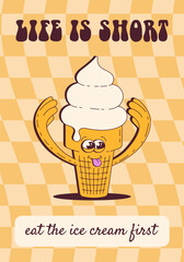 Retro Cartoon Ice Cream Poster in Groovy Style. Cute frozen fast food dessert mascot character. Typography for cafe flyer. Vector illustration.
