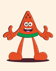 Cartoon Watermelon Character in Groovy Retro Style. Funny summer fruit slice. Cool watermelon mascot with face, hands and feets vector illustration.