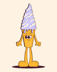 Cute Cartoon Ice Cream Character in Retro Groovy Style. Fast food dessert mascot with funny face, hands and legs. 60s 70s vector illustration.