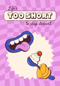 Groovy Poster With Comic Cartoon Mouth Eating Dessert with Cherry Topping. Vector illustration for cafe bar restaurant menu.