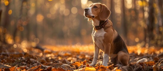 Beagle Sitting Among Leaves in Forest