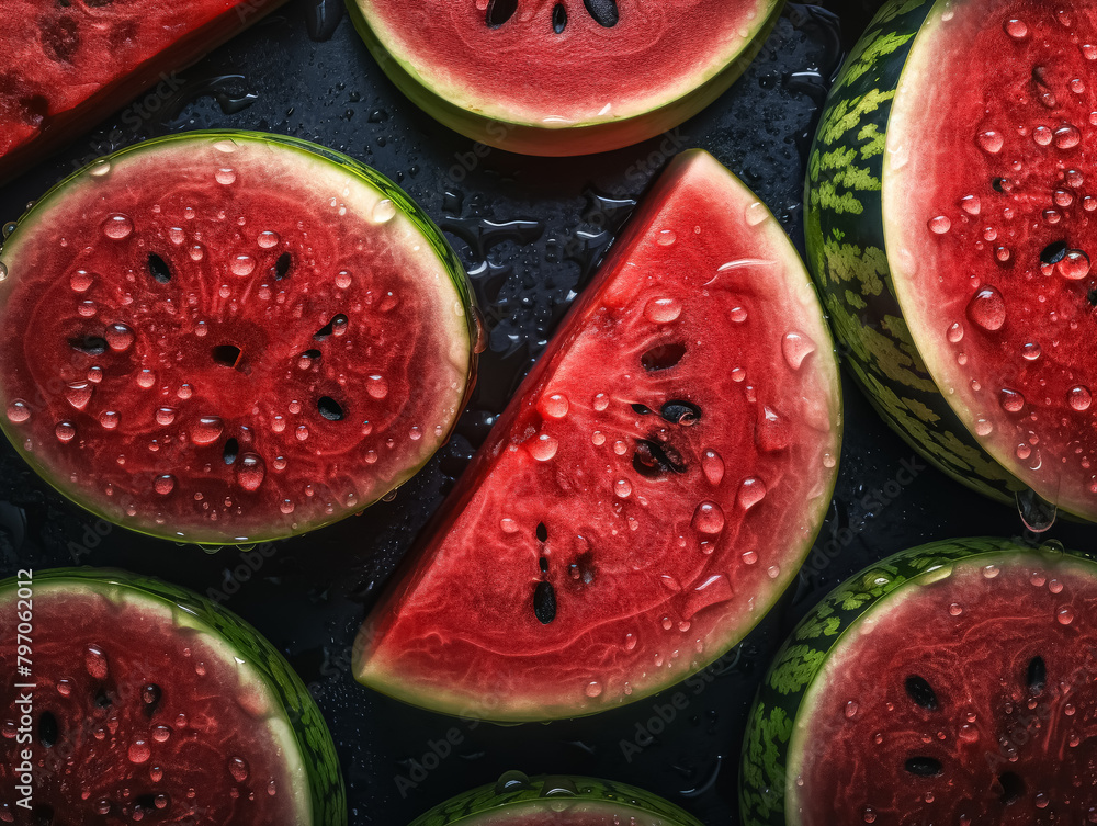 Poster a close up of a watermelon with a slice missing. the watermelon is surrounded by other slices, and t