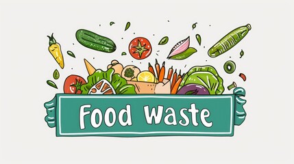 Dynamic Stop Food Waste Eco Campaign. Hand-drawn illustration with an assortment of vibrant vegetables and a bold "Stop Food Waste" banner, promoting environmental consciousness