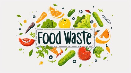 Dynamic Stop Food Waste Eco Campaign. Hand-drawn illustration with an assortment of vibrant vegetables and a bold "Stop Food Waste" banner, promoting environmental consciousness