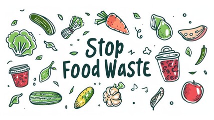 Dynamic Stop Food Waste Eco Campaign. Hand-drawn illustration with an assortment of vibrant vegetables and a bold "Stop Food Waste" banner, promoting environmental consciousness